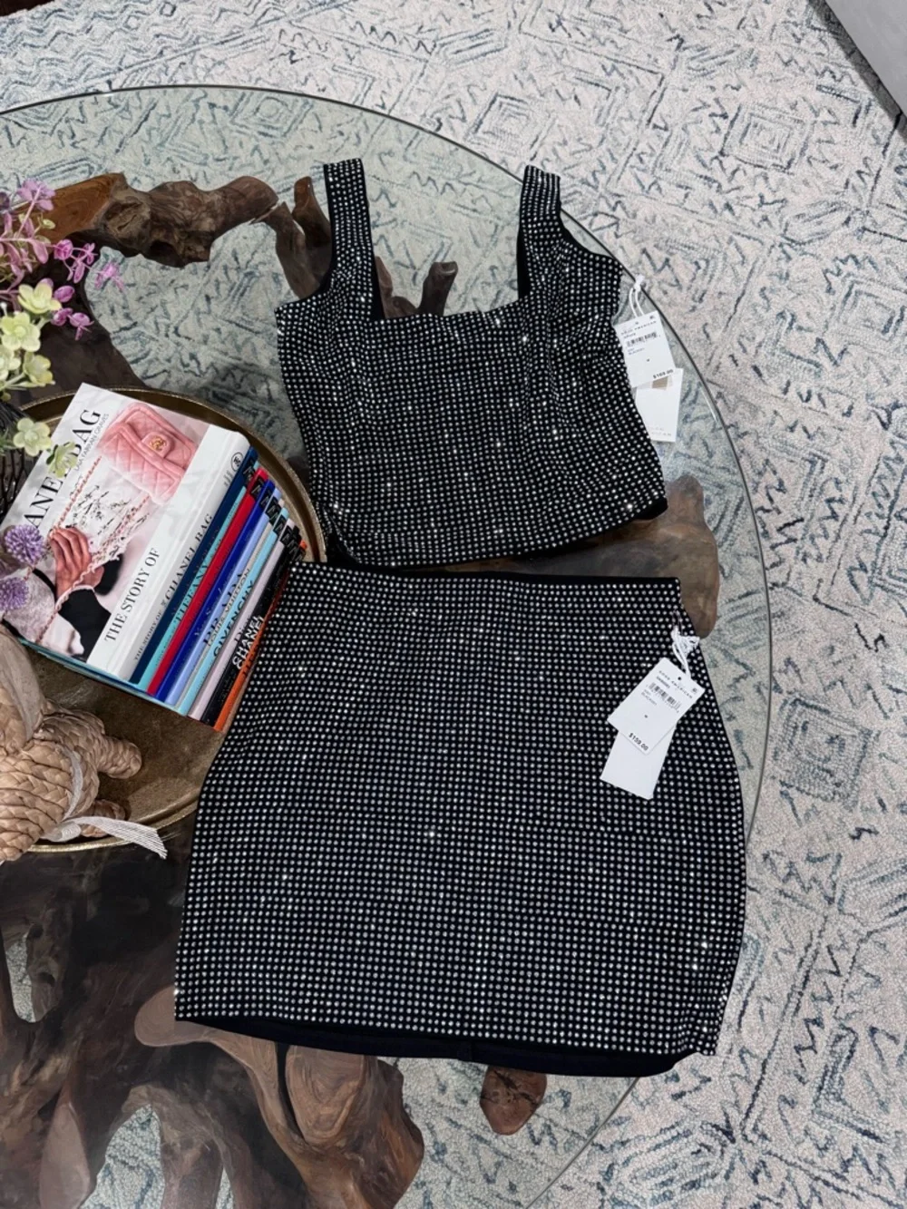 Good American Black Rhinestone Embellished Top and Skirt - Picture 1 of 5